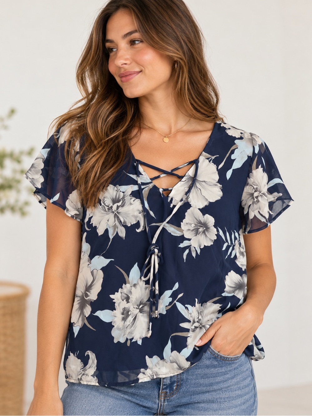 Altar'd State Navy Floral Lace-Up Flutter Sleeve Blouse